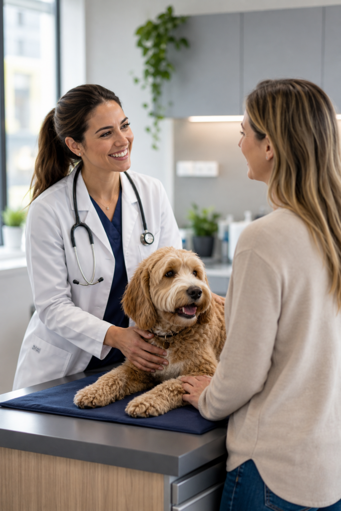 Veterinarian smiling while speaking with a pet owner in an exam room